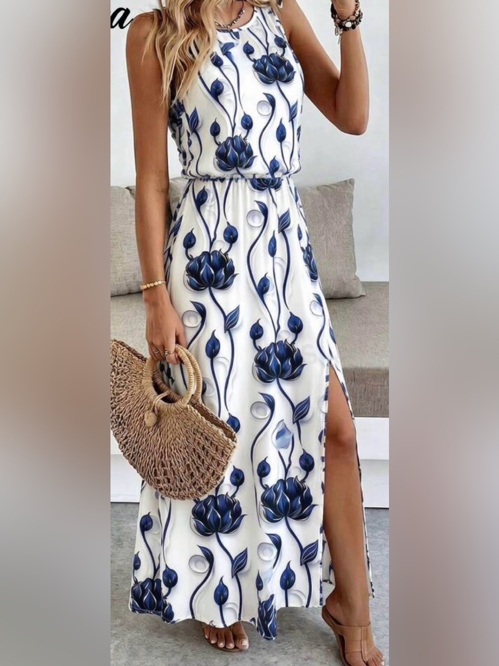 Sleeveless white with blue flowers dress
Size XL